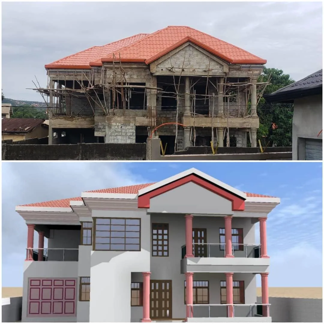 Résidence Dubréka Fihaima : photographie du chantier en haut et représentation 3D en bas.